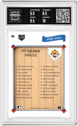 Barry Bonds from the 1991 Upper Deck set graded by Arena Club and given an overall grade of 9.