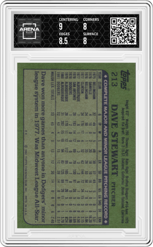 Dave Stewart from the 1982 Topps set graded by Arena Club and given an overall grade of 8.5.