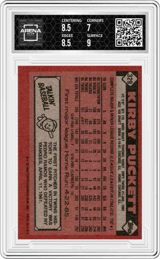 Kirby Puckett from the 1986 Topps set graded by Arena Club and given an overall grade of 7.5.