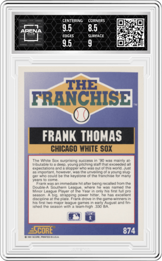 Frank Thomas from the 1991 Score set graded by Arena Club and given an overall grade of 9.