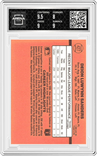 Deion Sanders from the 1990 Donruss set graded by Arena Club and given an overall grade of 8.5.