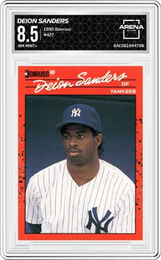Deion Sanders from the 1990 Donruss set graded by Arena Club and given an overall grade of 8.5.