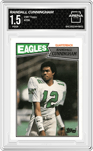 Randall Cunningham from the 1987 Topps set graded by Arena Club and given an overall grade of 1.5.
