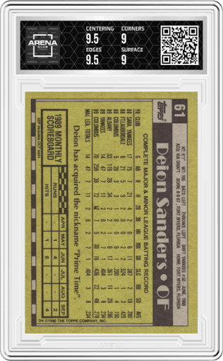 Deion Sanders from the 1990 Topps set graded by Arena Club and given an overall grade of 9.5.