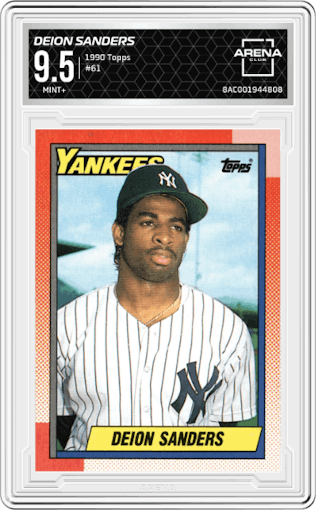 Deion Sanders from the 1990 Topps set graded by Arena Club and given an overall grade of 9.5.