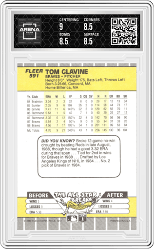 Tom Glavine from the 1989 Fleer set graded by Arena Club and given an overall grade of 8.5.