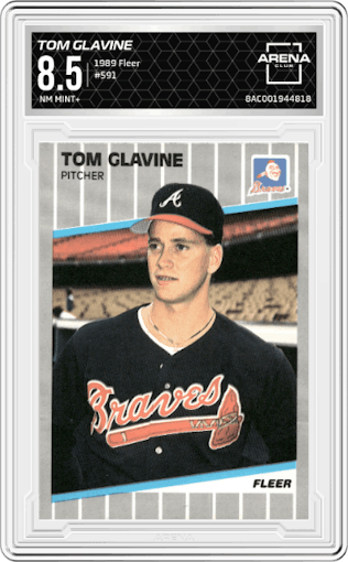 Tom Glavine from the 1989 Fleer set graded by Arena Club and given an overall grade of 8.5.