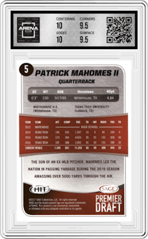 Patrick Mahomes II from the 2017 Sage Hit Premier Draft Series  – High Series set graded by Arena Club and given an overall grade of 10.