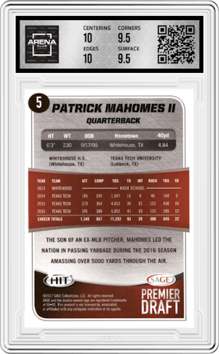 Patrick Mahomes II from the 2017 Sage Hit Premier Draft Series  – High Series set graded by Arena Club and given an overall grade of 10.