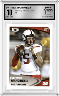 Patrick Mahomes II from the 2017 Sage Hit Premier Draft Series  – High Series set graded by Arena Club and given an overall grade of 10.