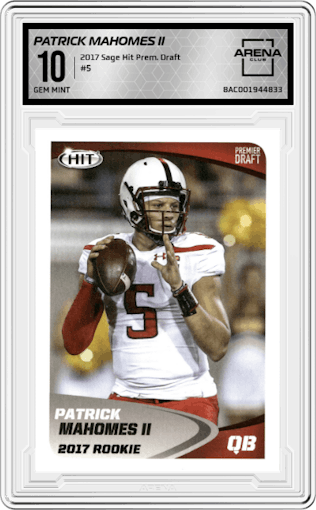 Patrick Mahomes II from the 2017 Sage Hit Premier Draft Series  – High Series set graded by Arena Club and given an overall grade of 10.