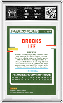 Brooks Lee from the 2023 Donruss set featuring a Red Holo parallel graded by Arena Club and given an overall grade of 9.5.
