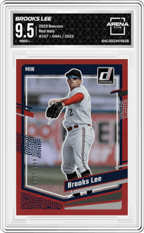 Brooks Lee from the 2023 Donruss set featuring a Red Holo parallel graded by Arena Club and given an overall grade of 9.5.