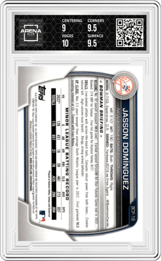Jasson Domínguez from the 2023 Bowman  set graded by Arena Club and given an overall grade of 9.5.