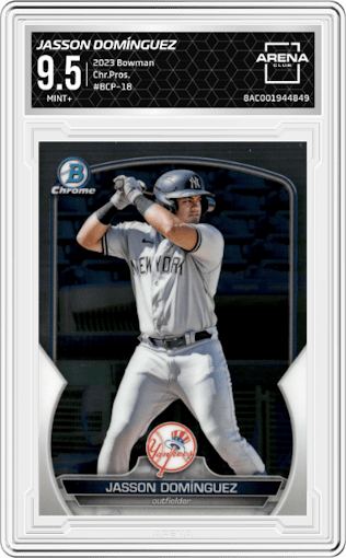 Jasson Domínguez from the 2023 Bowman  set graded by Arena Club and given an overall grade of 9.5.
