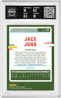 Jace Jung from the 2023 Donruss set featuring a Carolina Blue Holo parallel graded by Arena Club and given an overall grade of 9.