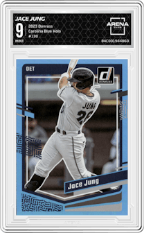 Jace Jung from the 2023 Donruss set featuring a Carolina Blue Holo parallel graded by Arena Club and given an overall grade of 9.