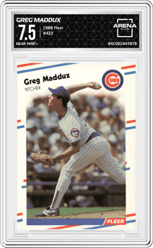 Greg Maddux from the 1988 Fleer set graded by Arena Club and given an overall grade of 7.5.