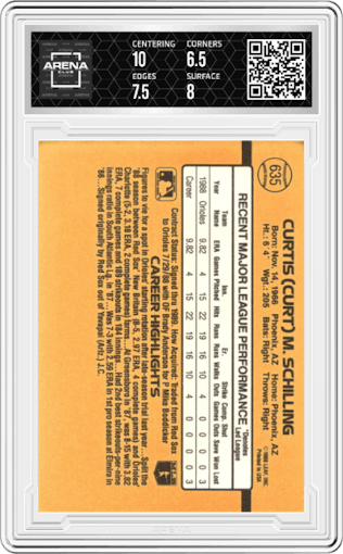Curt Schilling from the 1989 Donruss set graded by Arena Club and given an overall grade of 7.