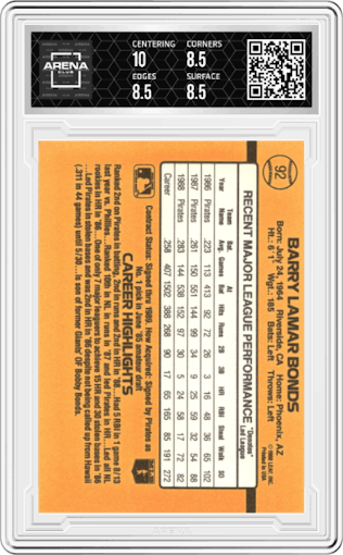 Barry Bonds from the 1989 Donruss set graded by Arena Club and given an overall grade of 9.