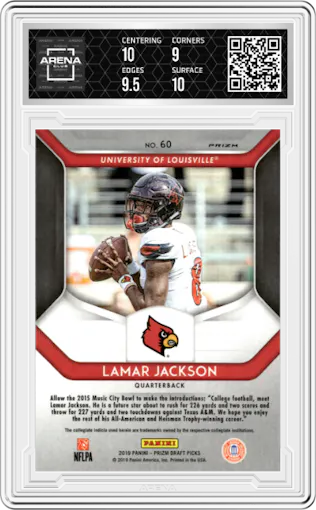 Lamar Jackson from the 2019 Panini Prizm Draft Picks set featuring a Blue Prizm parallel graded by Arena Club and given an overall grade of 9.5.