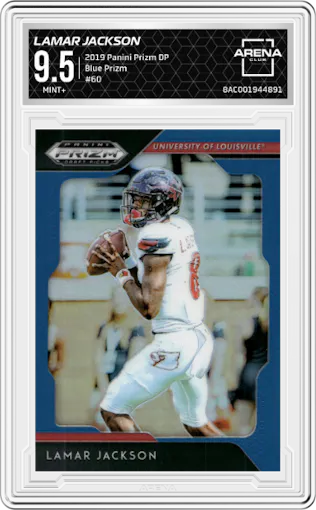 Lamar Jackson from the 2019 Panini Prizm Draft Picks set featuring a Blue Prizm parallel graded by Arena Club and given an overall grade of 9.5.