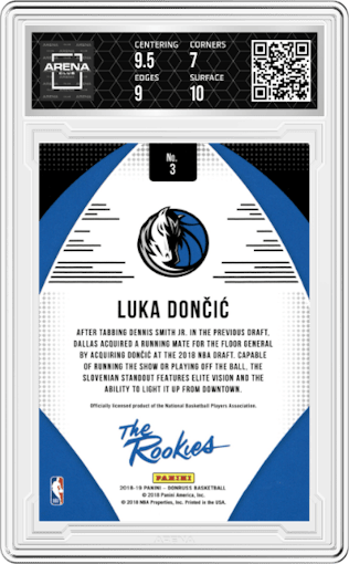Luka Doncic from the 2018-19 Panini Donruss  set graded by Arena Club and given an overall grade of 7.5.