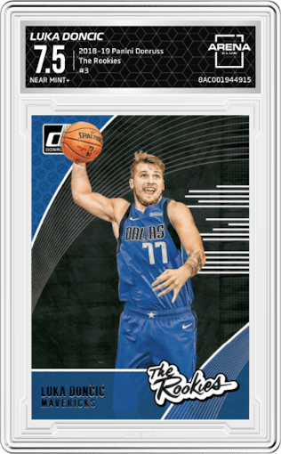 Luka Doncic from the 2018-19 Panini Donruss  set graded by Arena Club and given an overall grade of 7.5.