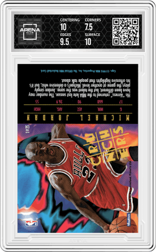 Michael Jordan  from the 1995-96 NBA Hoops set graded by Arena Club and given an overall grade of 8.