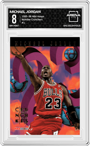 Michael Jordan  from the 1995-96 NBA Hoops set graded by Arena Club and given an overall grade of 8.