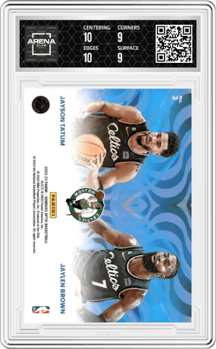 Jaylen Brown/Jayson Tatum from the 2022-23 Panini Donruss Optic  set graded by Arena Club and given an overall grade of 9.5.