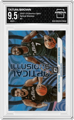 Jaylen Brown/Jayson Tatum from the 2022-23 Panini Donruss Optic  set graded by Arena Club and given an overall grade of 9.5.