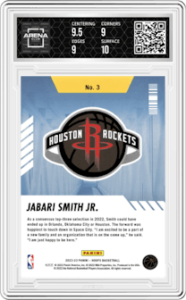 Jabari Smith Jr. from the 2022-23 Panini NBA Hoops set featuring a Holo parallel graded by Arena Club and given an overall grade of 9.5.