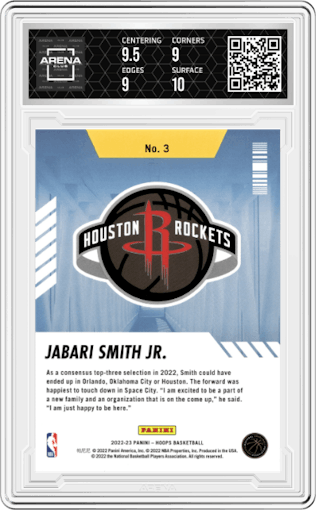 Jabari Smith Jr. from the 2022-23 Panini NBA Hoops set featuring a Holo parallel graded by Arena Club and given an overall grade of 9.5.