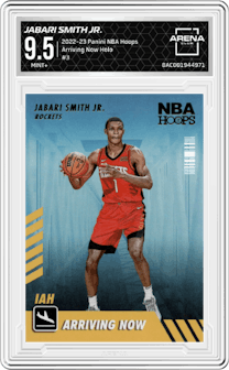 Jabari Smith Jr. from the 2022-23 Panini NBA Hoops set featuring a Holo parallel graded by Arena Club and given an overall grade of 9.5.