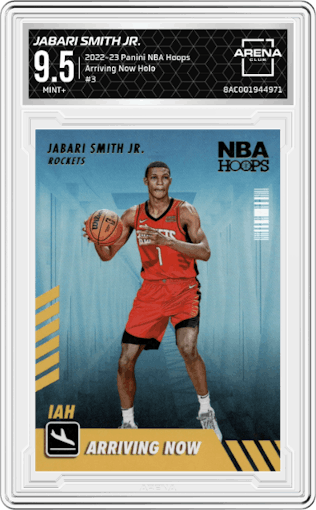 Jabari Smith Jr. from the 2022-23 Panini NBA Hoops set featuring a Holo parallel graded by Arena Club and given an overall grade of 9.5.