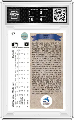 Sammy Sosa from the 1990 Upper Deck set graded by Arena Club and given an overall grade of 8.5.
