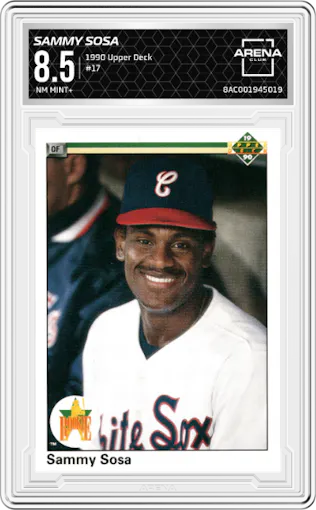 Sammy Sosa from the 1990 Upper Deck set graded by Arena Club and given an overall grade of 8.5.