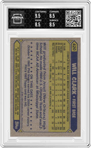 Will Clark from the 1987 Topps set graded by Arena Club and given an overall grade of 7.