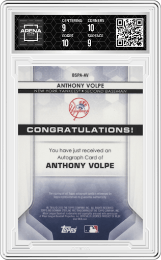 Anthony Volpe from the 2020 Bowman Sterling set graded by Arena Club and given an overall grade of 9.5.