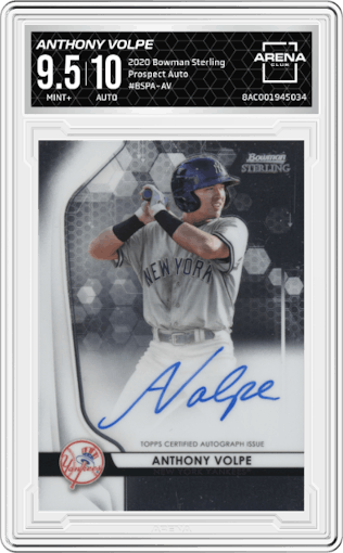 Anthony Volpe from the 2020 Bowman Sterling set graded by Arena Club and given an overall grade of 9.5.