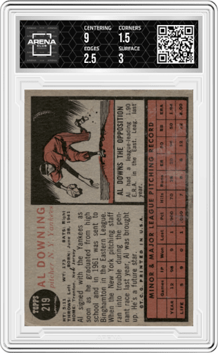 Al Downing from the 1962 Topps set graded by Arena Club and given an overall grade of 2.