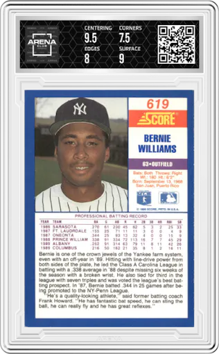 Bernie Williams from the 1990 Score set graded by Arena Club and given an overall grade of 8.