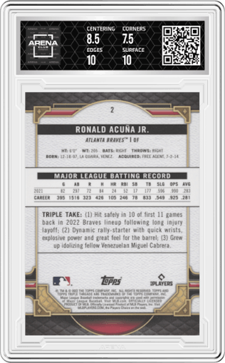 Ronald Acuña Jr. from the 2022 Topps Triple Threads set graded by Arena Club and given an overall grade of 8.