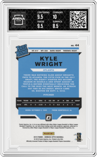 Kyle Wright from the 2019 Panini Donruss Optic set graded by Arena Club and given an overall grade of 9.