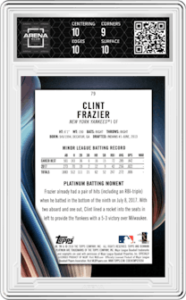 Clint Frazier from the 2018 Bowman Platinum set graded by Arena Club and given an overall grade of 9.5.