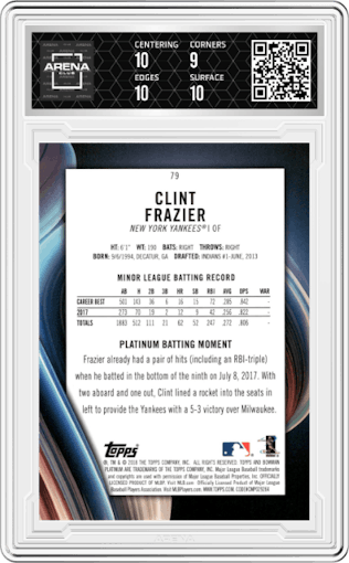 Clint Frazier from the 2018 Bowman Platinum set graded by Arena Club and given an overall grade of 9.5.