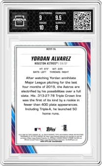 Yordan Alvarez from the 2020 Bowman set graded by Arena Club and given an overall grade of 9.5.