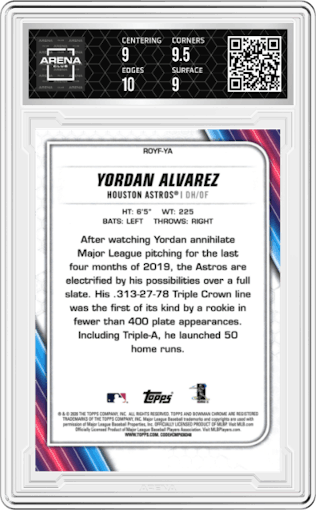 Yordan Alvarez from the 2020 Bowman set graded by Arena Club and given an overall grade of 9.5.