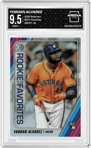 Yordan Alvarez from the 2020 Bowman set graded by Arena Club and given an overall grade of 9.5.